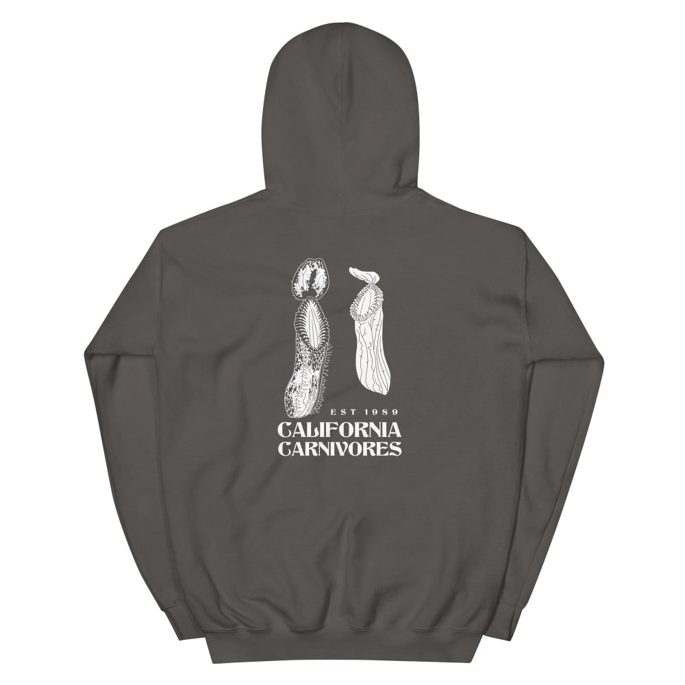 Gray hoodie with white graphic design on the back on a white background