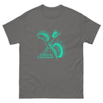 Gray t-shirt with teal plant design and 'California Carnivores' text on a white background
