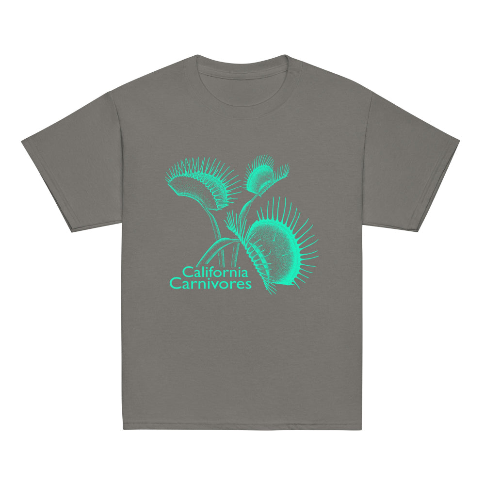 Gray t-shirt with teal 'California Carnivores' design on a white background