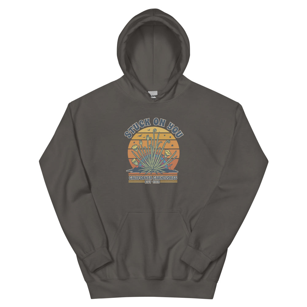 Charcoal hoodie with a graphic of a face and text on a white background
