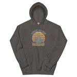 Charcoal hoodie with a graphic of a face and text on a white background
