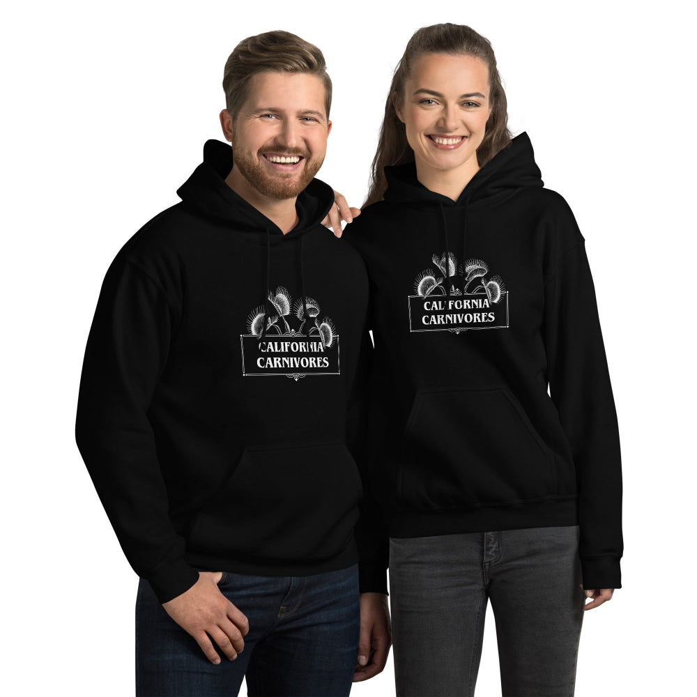 Two people wearing black hoodies with 'california carnivores' logo on a white background