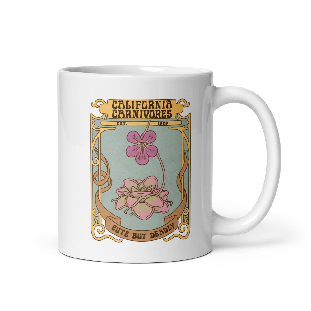 White mug with 'California Carnivores' design featuring pink flowers and decorative text on a white background.