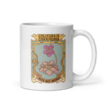 White mug with 'California Carnivores' design featuring pink flowers and decorative text on a white background.