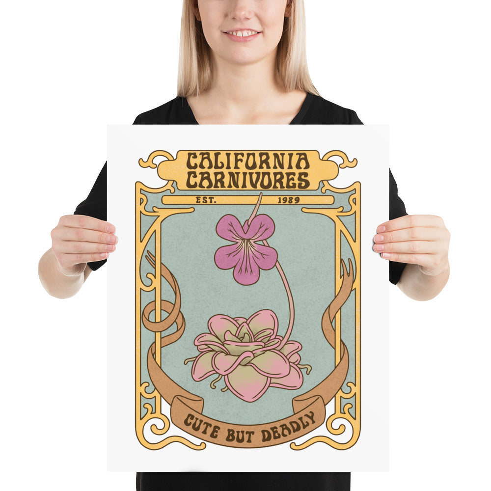 Person holding a poster with decorative text and illustrations of flowers.