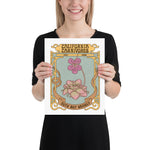 Person holding a poster with decorative text and illustrations