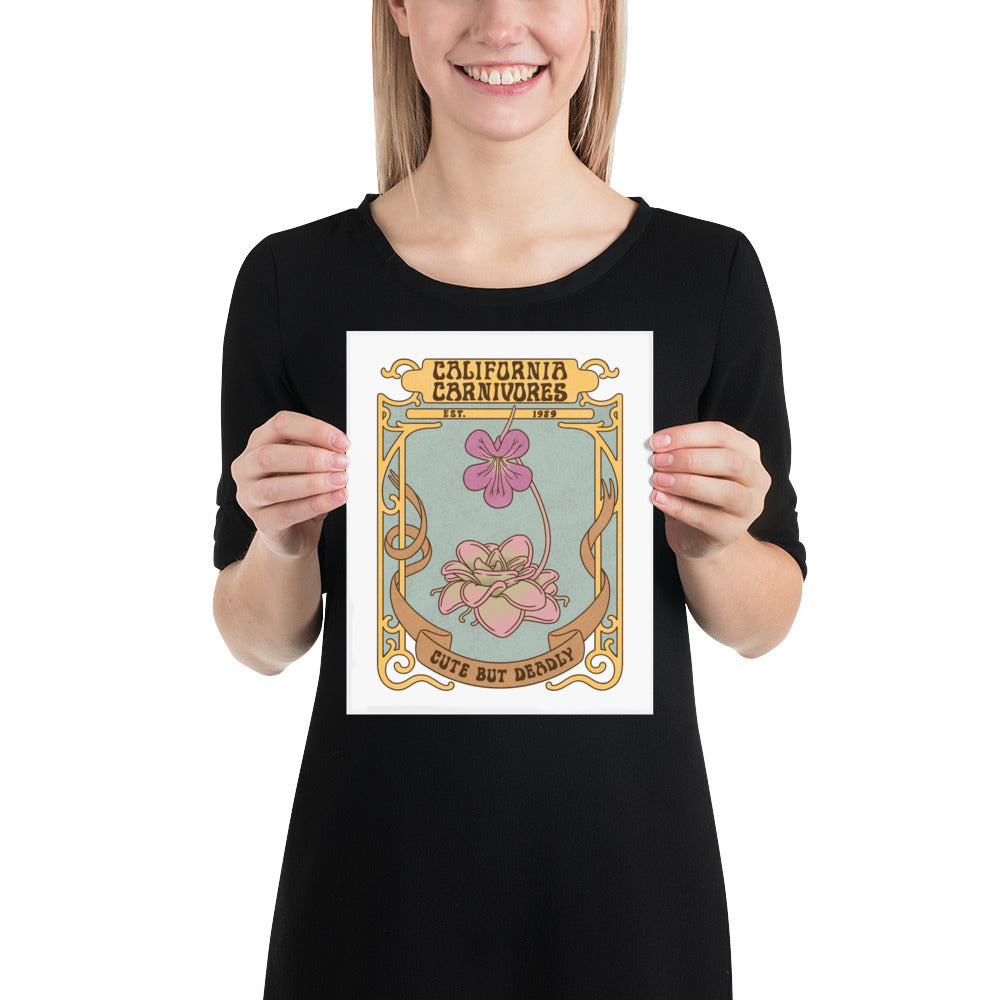 Person holding a poster with decorative text and floral design