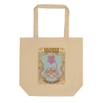 Beige tote bag with floral design and text on a white background