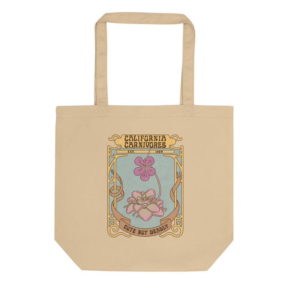 Beige tote bag with floral design and text on a white background