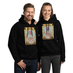 Two people wearing black hoodies with a floral design on a white background
