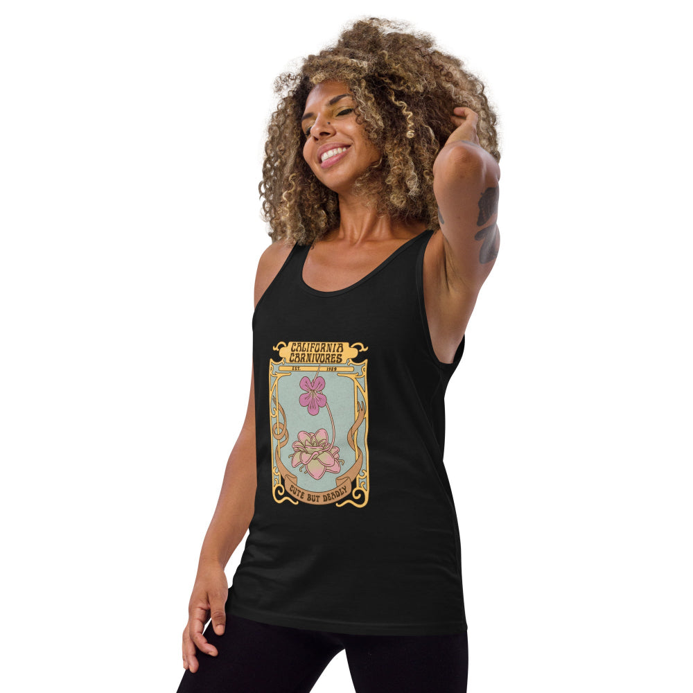Woman wearing a black tank top with a floral design on a white background