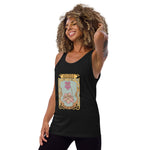 Woman wearing a black tank top with a floral design on a white background