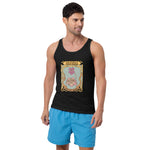 Male model wearing a black tank top with a pinguicula flower and a california carnivores logo