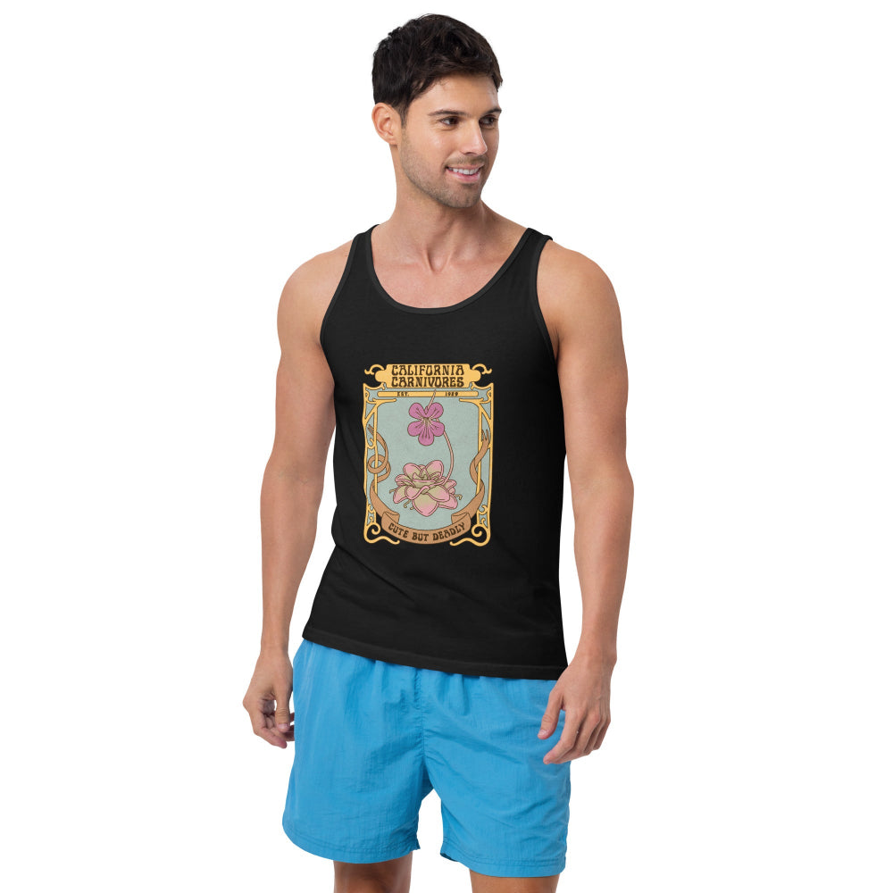 Male model wearing a black tank top with a pinguicula flower and a california carnivores logo