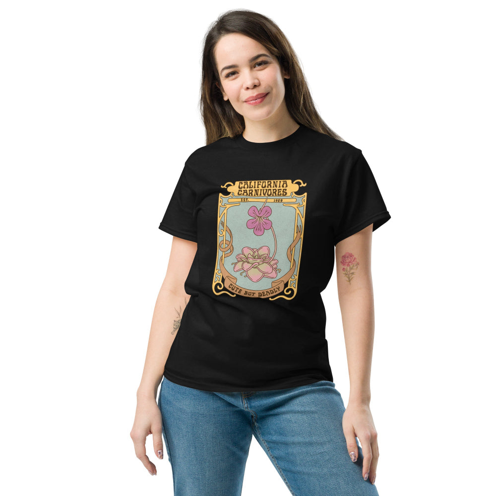 Woman wearing a black t-shirt with a colorful graphic design on a white background