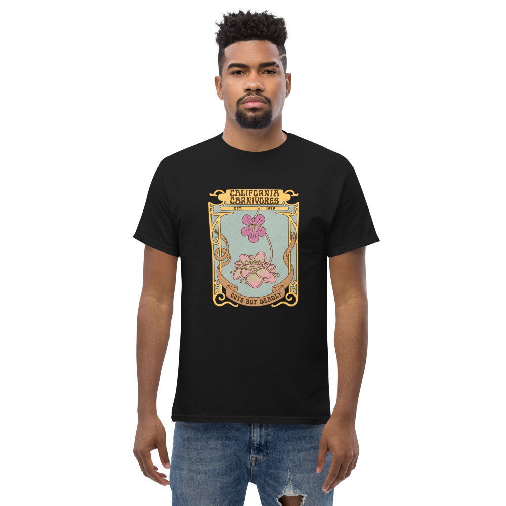 Man wearing a black t-shirt with a graphic design on a white background