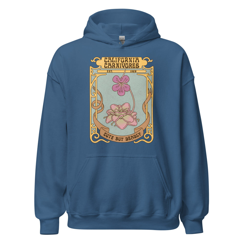 Blue hoodie with a graphic design on the chest against a white background
