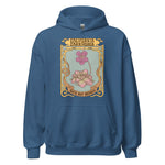 Blue hoodie with a graphic design on the chest against a white background