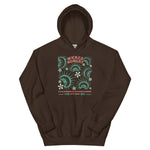 Dark Chocolate California Carnivores unisex hoodie with Wicked Hungry in coral, in the upper middle, surrounded by wood block print style flytraps in teal
