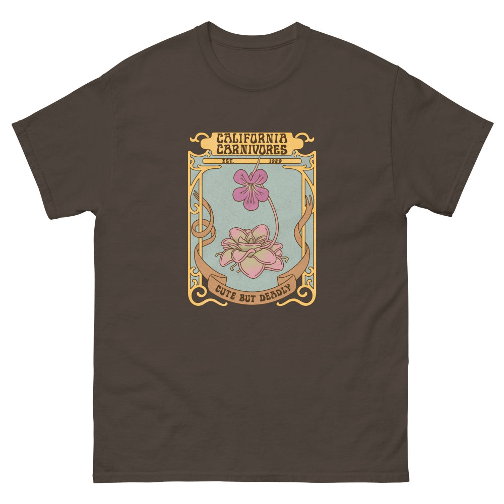 Brown t-shirt with a decorative floral design and text on a white background