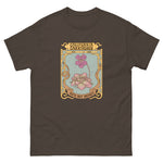 Brown t-shirt with a decorative floral design and text on a white background