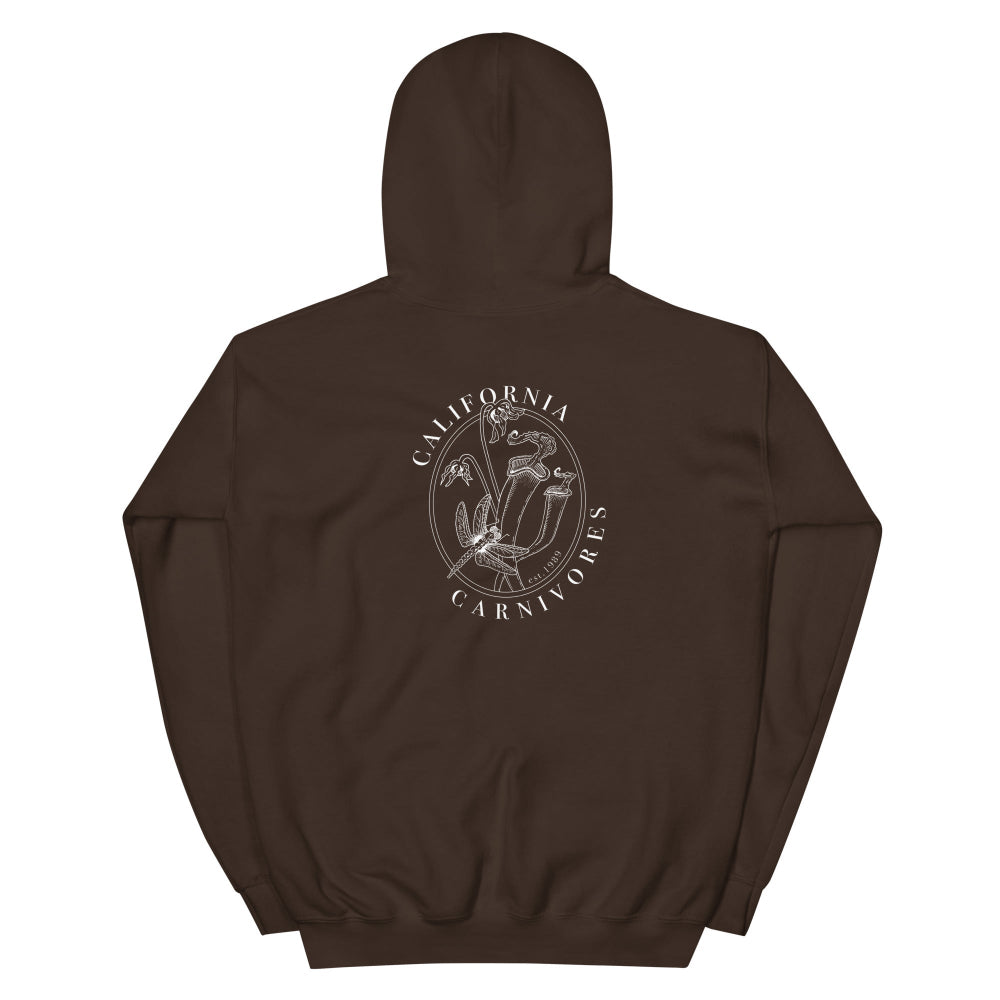 Brown hoodie with 'California Carnivores' logo on the back against a white background