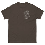 Brown t-shirt with white logo on a white background