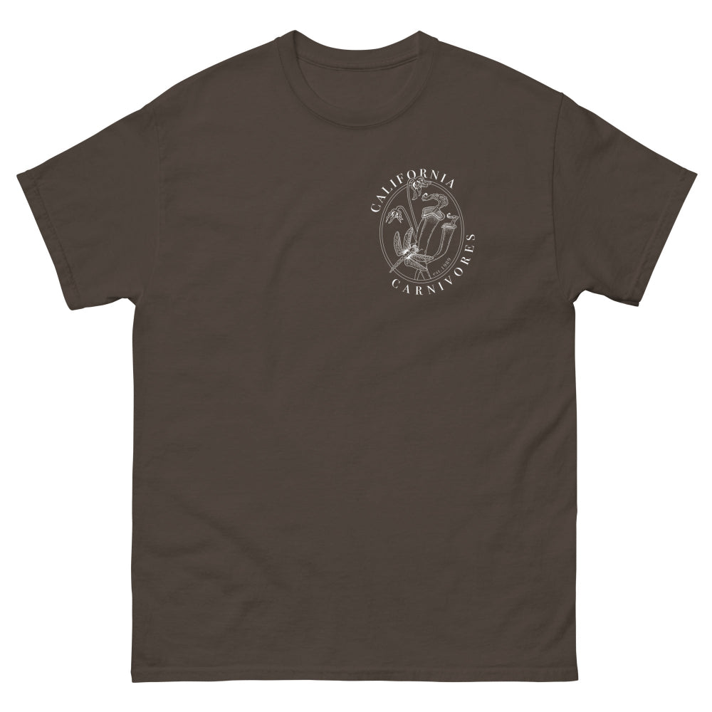 Brown t-shirt with white logo on a white background