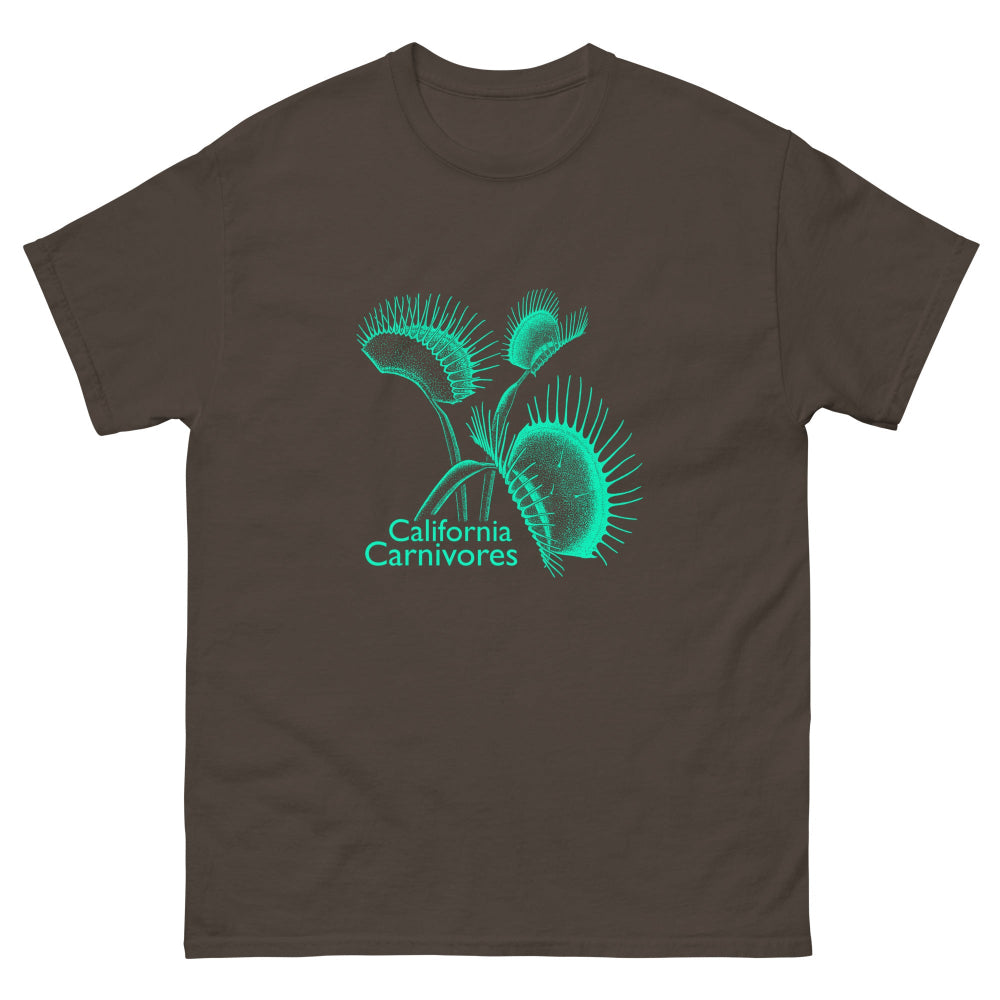 Brown t-shirt with teal carnivorous plant design and text on a white background