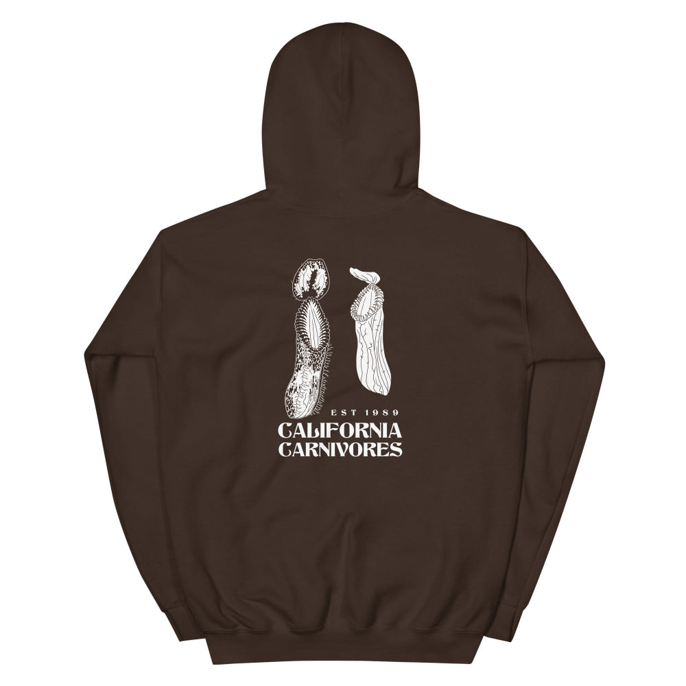 Brown hoodie with white graphic design on the back on a white background