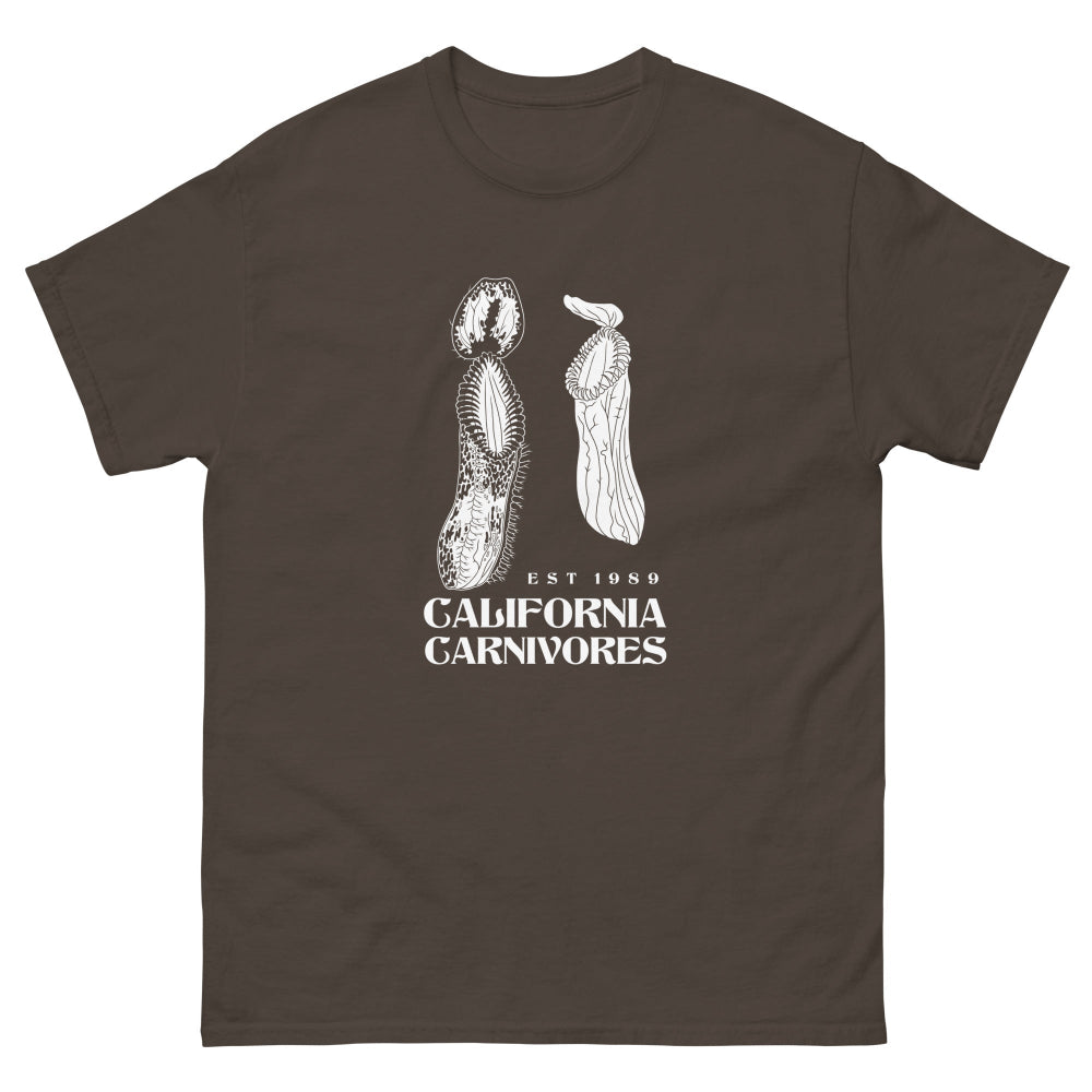 Brown t-shirt with white graphic design and text on a white background