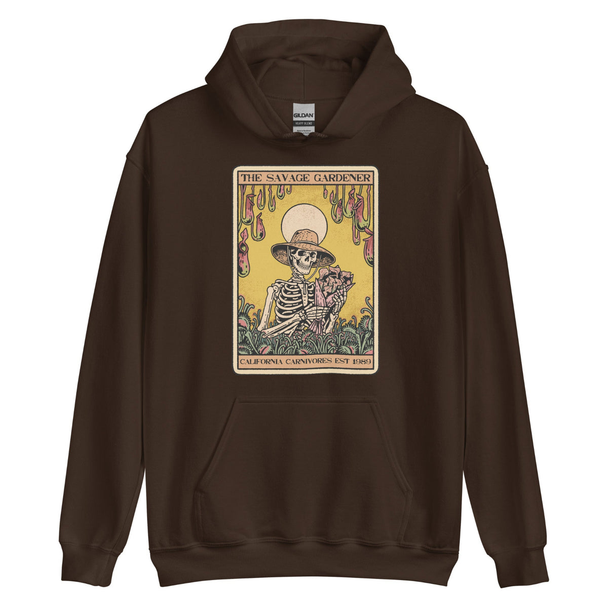 Brown hoodie with a graphic of a skeleton and plants on a white background