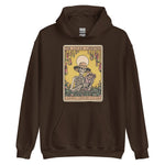 Brown hoodie with a graphic of a skeleton and plants on a white background