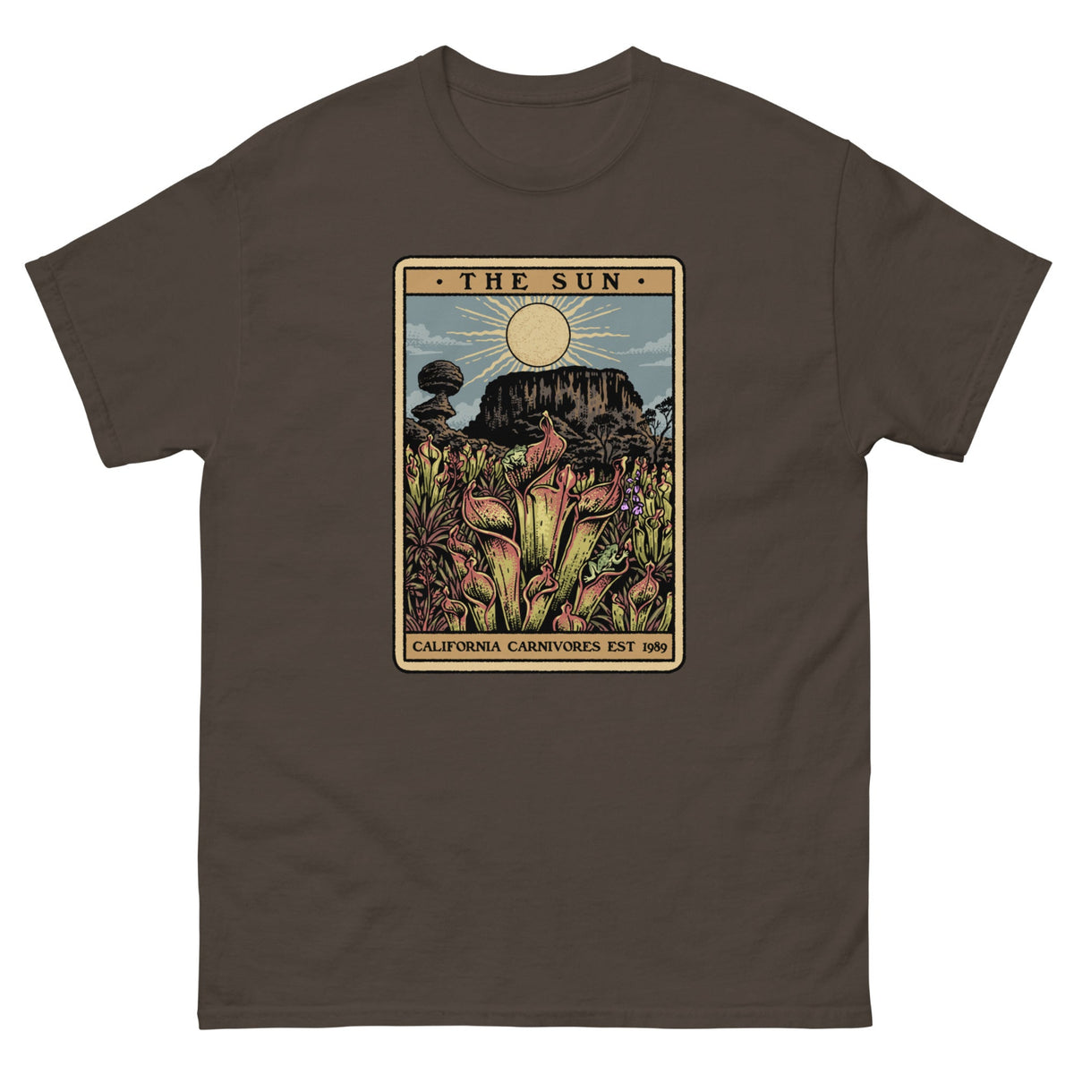 Dark Chocolate t-shirt with a graphic design of Heliamphora as the Sun tarot card