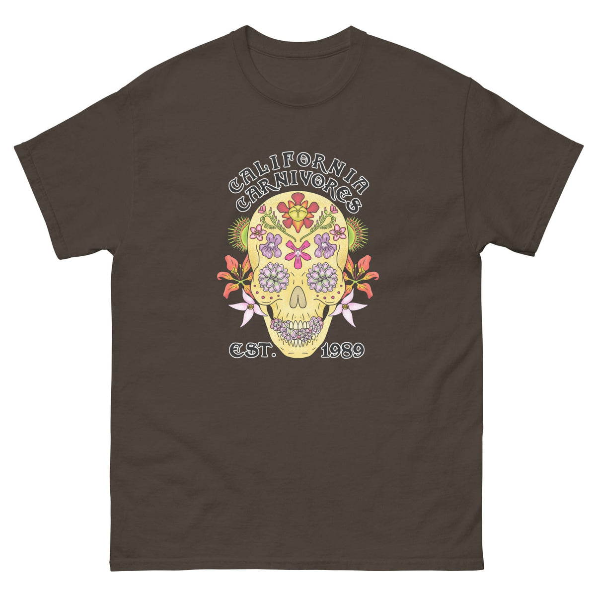 Brown t-shirt with a colorful skull design and text on a white background