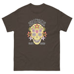 Brown t-shirt with a colorful skull design and text on a white background