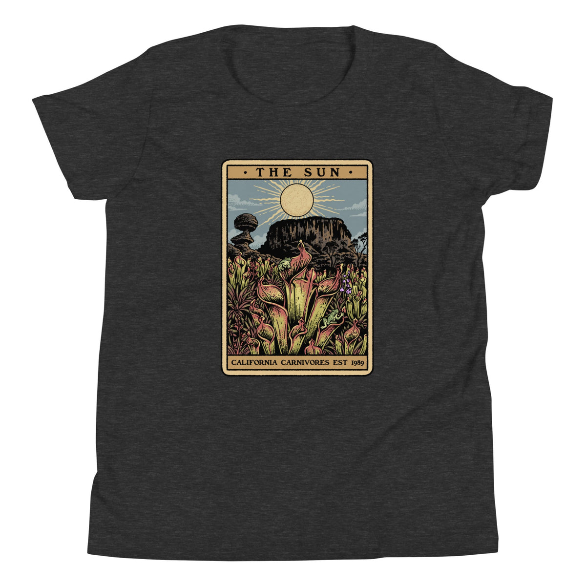 The Shining Sun dark grey heather youth unisex shirt has a heliamphora in the sun styled after a tarot card.