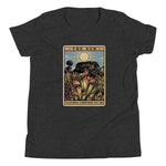 The Shining Sun dark grey heather youth unisex shirt has a heliamphora in the sun styled after a tarot card.