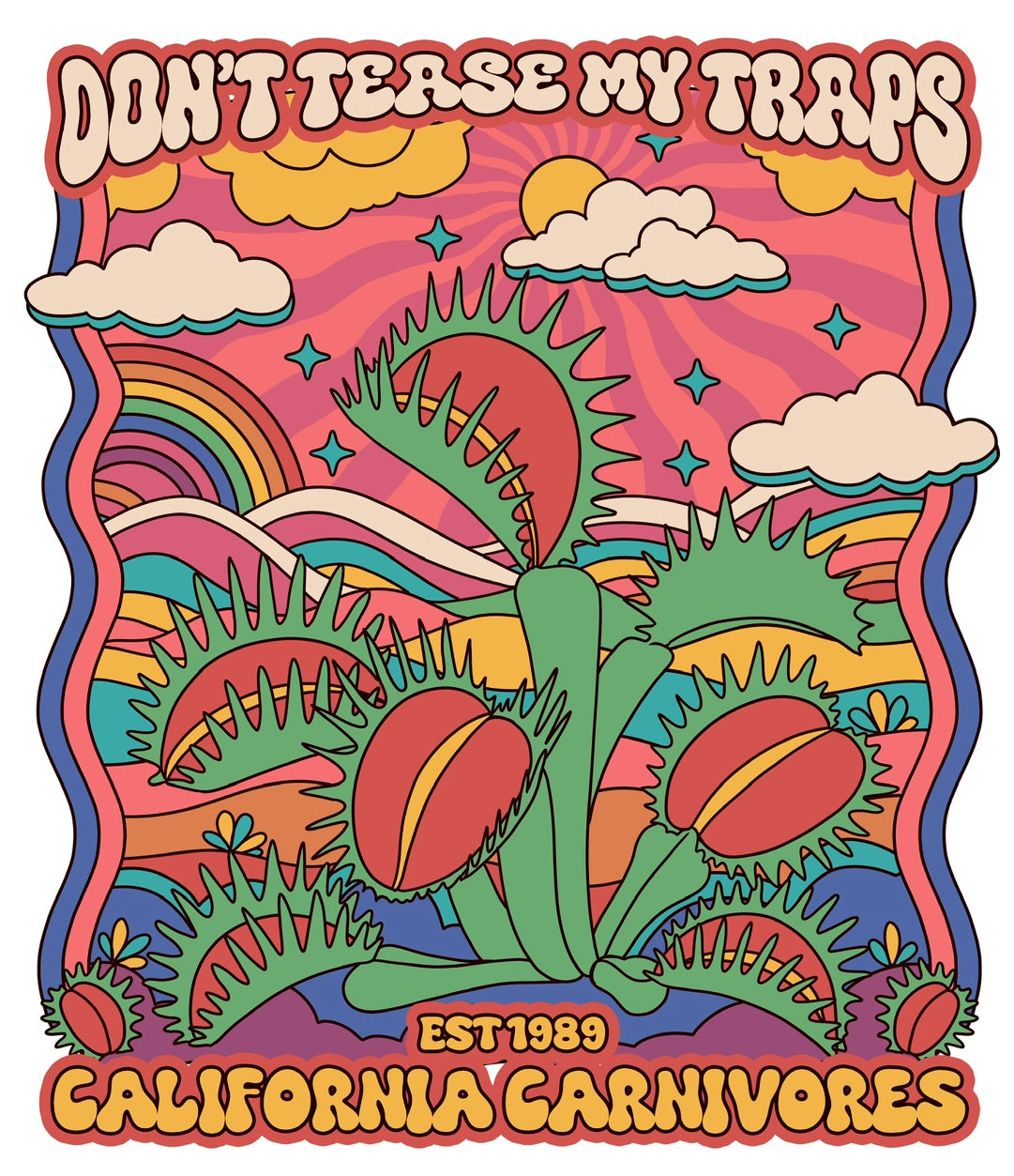 Colorful graphic with carnivorous plants and text on a vibrant background