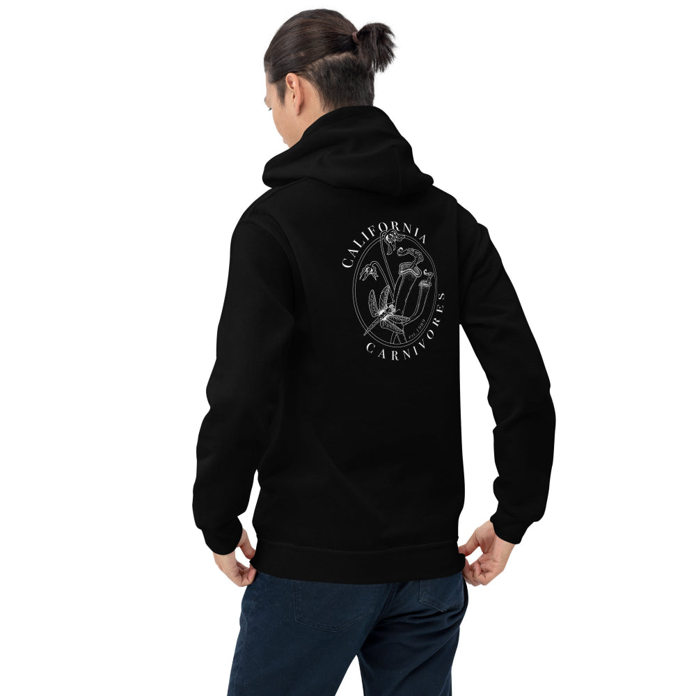 Person wearing a black hoodie with a floral design and 'California Carnivores' text on the back, against a white background.