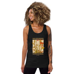 Woman wearing a black tank top with a floral design and 'California' text on a white background