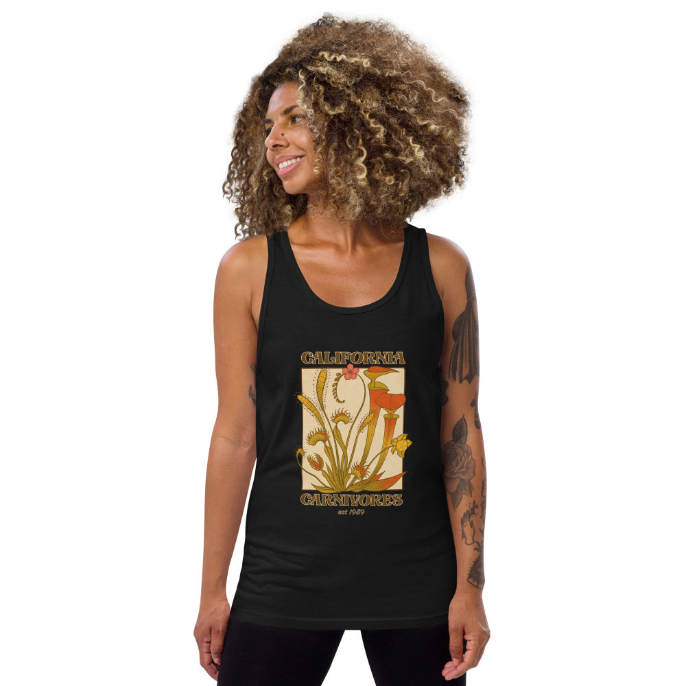 Woman wearing a black tank top with a floral design and 'California' text on a white background