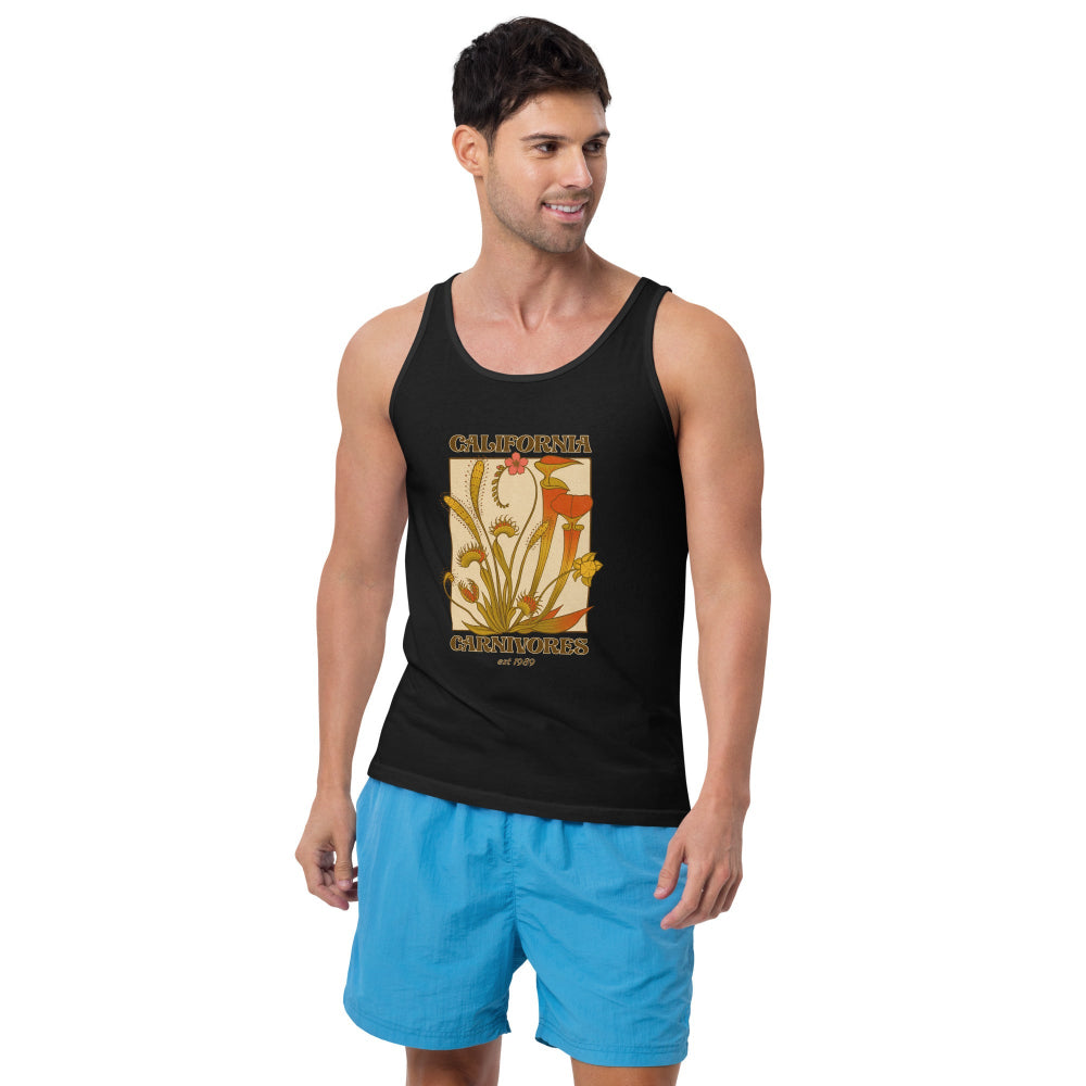 Man wearing a black tank top with a graphic design and blue shorts on a white background