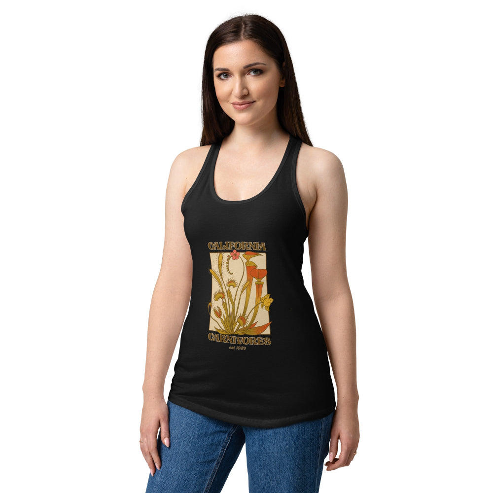 Woman wearing a black tank top with a floral design and text on a white background