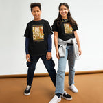 Two children wearing black t-shirts with graphic designs on a white background