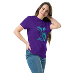 Woman wearing a purple t-shirt with a teal logo on a white background