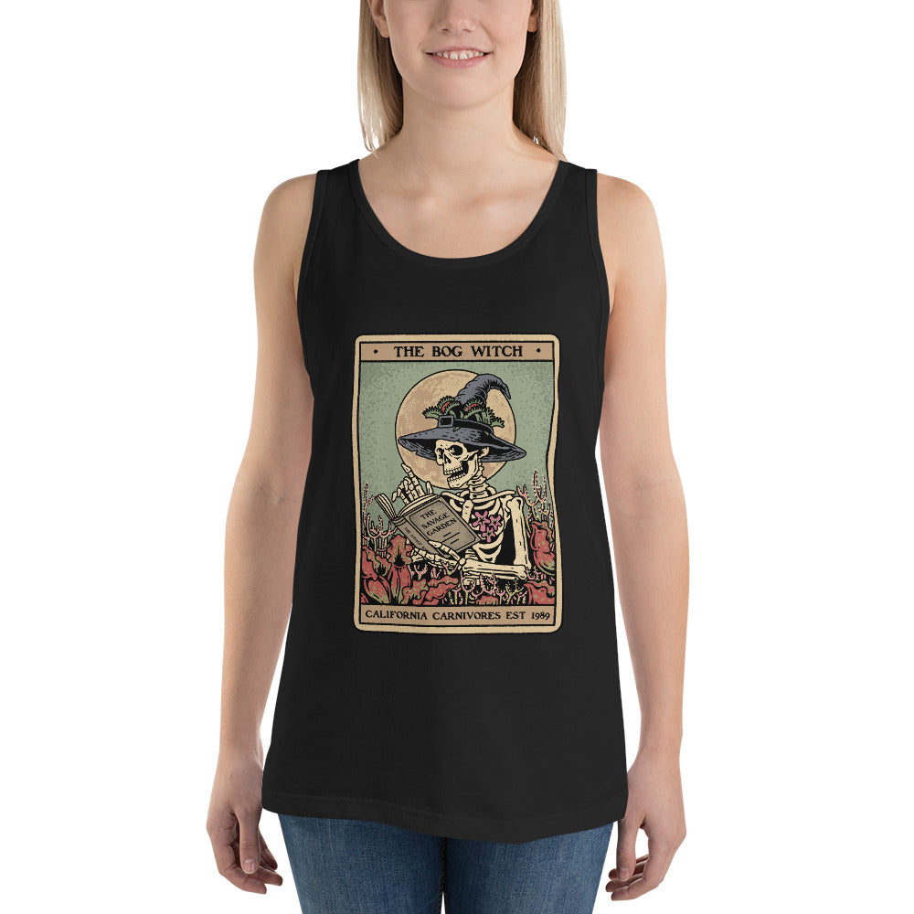 Black tank top with a graphic design featuring a skeleton and text on a white background