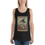 Black tank top with a graphic design featuring a skeleton and text on a white background