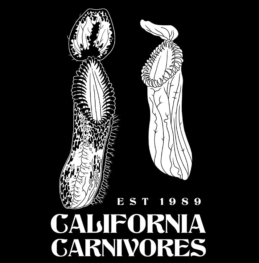 Illustration of two pitchers with 'California Carnivores' text on a black background