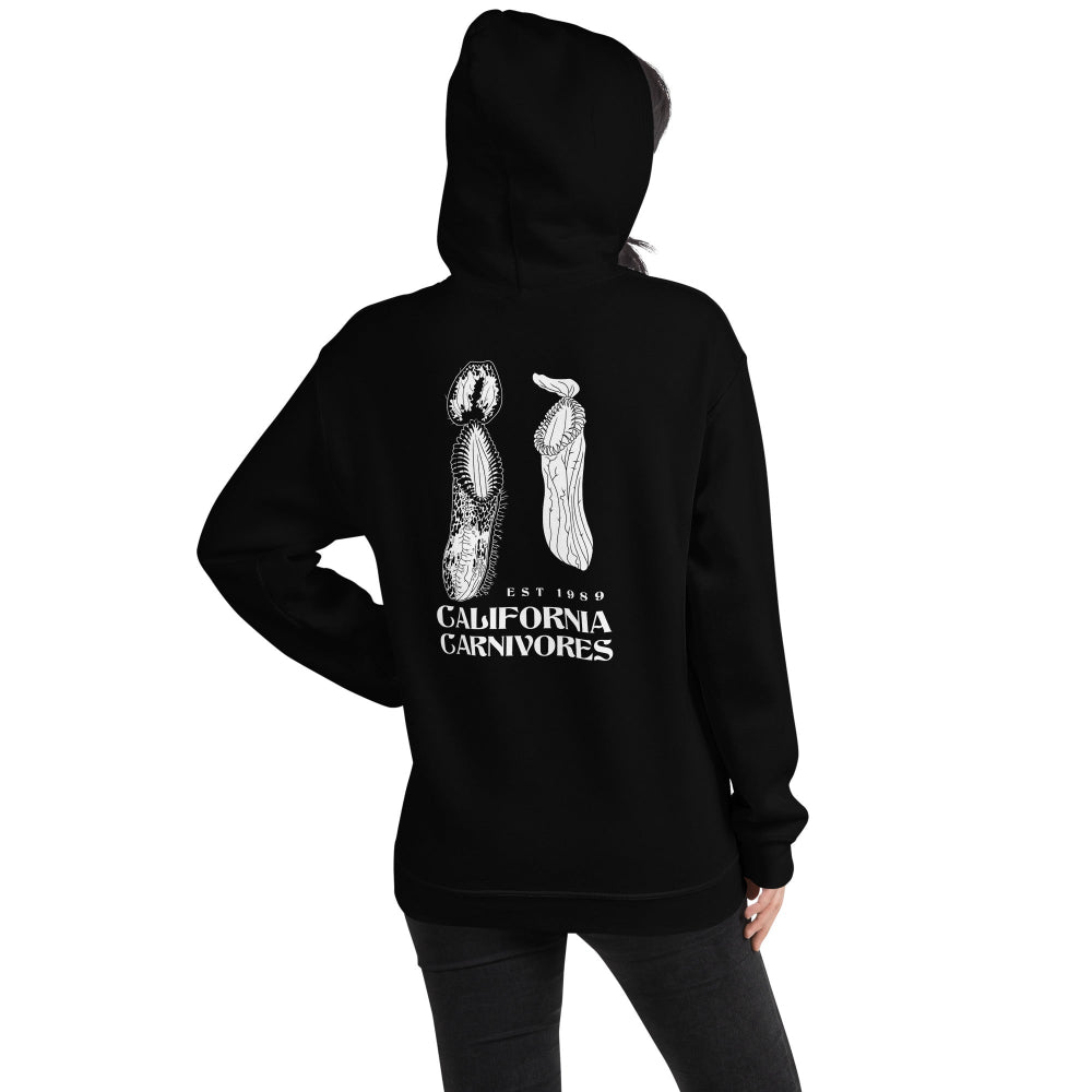 Black hoodie with a white Nepenthes design and text on the back, worn by a person.